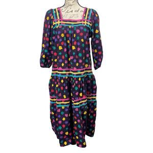 Vintage 90s Geometric Colorful Cotton Midi House Dress Mumu / 3/4 Sleeves Medium